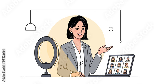 Virtual meeting: woman leading video conference call from modern workspace