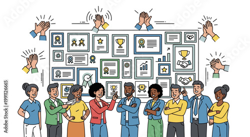 Diverse team celebrates achievements with awards and applause in office setting