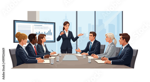 Business meeting in modern office with team discussion and presentation