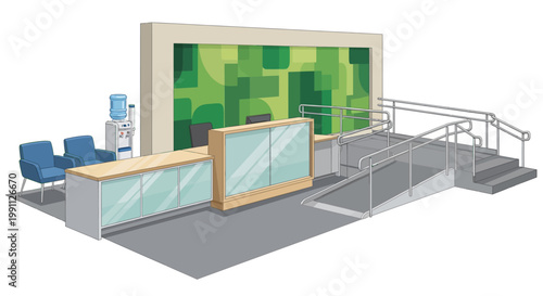 Modern reception area with accessibility features and stylish geometric design