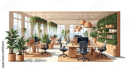Modern eco-friendly workspace with lush plants and natural lighting