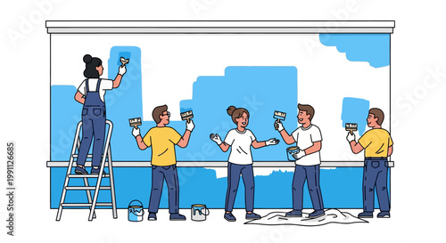 Group of friends painting a mural together with brushes in flat design