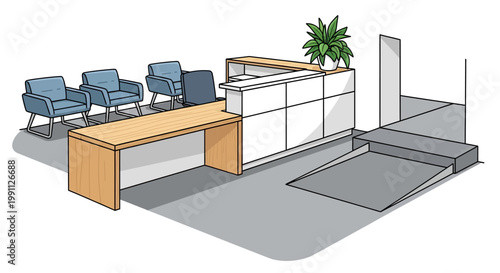 Modern office reception area with seating and accessibility ramp in isometric design