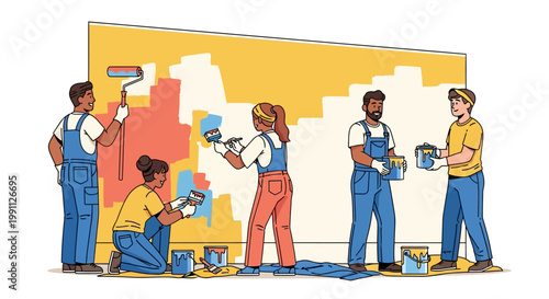 Diverse team collaborating on colorful mural project in casual attire