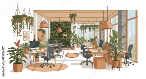 Modern office workspace with indoor plants and eco-friendly design