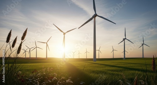 A serene landscape of wind turbines standing tall in a lush green field at sunset