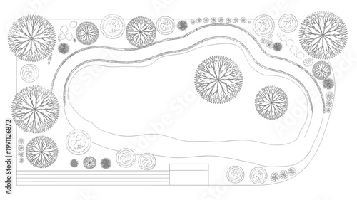Down view of a landscape blueprint with trees and pathways aerial view plants