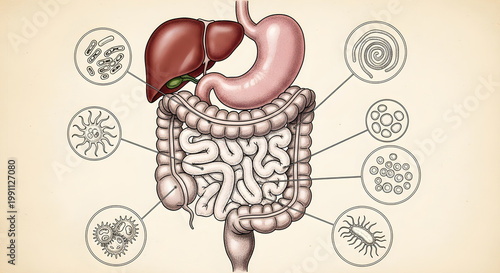Medical illustration of human digestive system, gut microbiome with bacteria and parasites, anatomical diagram of stomach and intestines