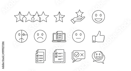 Vector line art icon set for customer feedback, satisfaction, and online review systems. Essential graphics for surveys, user experience, and service ratings
