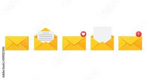 Set of five yellow envelopes in a row, showing different stages of email communication from closed to open with documents and notifications