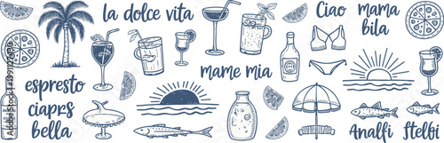 Italian summer vacation doodles with food drinks and beach italy holiday vacationing