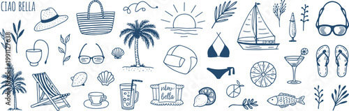 Hand drawn navy blue summer vacation and text ciao bella on white background beach travel holiday