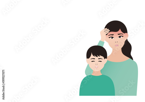 体調不良の母親と元気な男の子のベクターイラスト素材