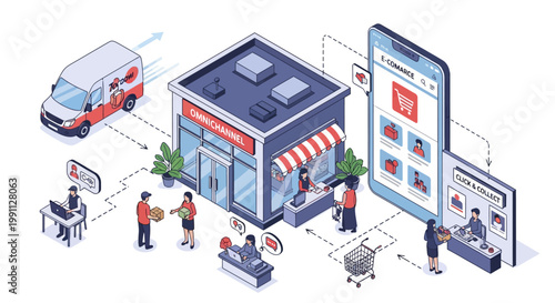 Omnichannel retail concept with online and in-store shopping isometric design