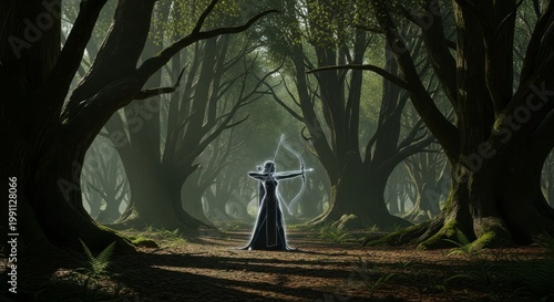 A woman in a long dress stands in a mystical forest with her arms outstretched and a glowing aura surrounding her.