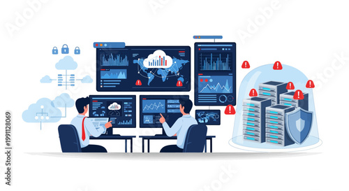 Cybersecurity team analyzing data on monitors with server protection and digital shield icons