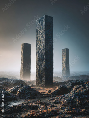 Mystical fog surrounds towering monolithic stone pillars rising from rugged rocky terrain under a dim, atmospheric sky creating a surreal ancient landscape scene