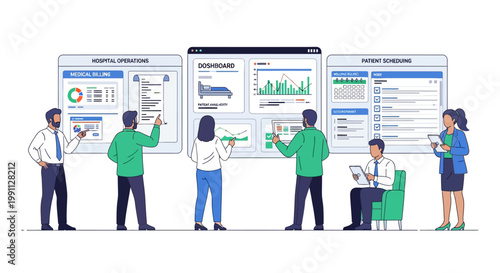 Healthcare team analyzing digital dashboards with data visualizations and interactive charts