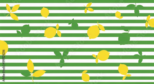 Green striped background with yellow lemons, citrus pattern, vector illustration, food design element, kitchen decor