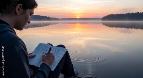A young man sits by a serene lake at sunset, writing in a notebook
