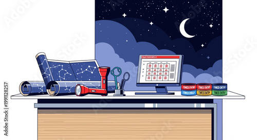 Night sky exploration desk with flashlight and star maps for amateur astronomers