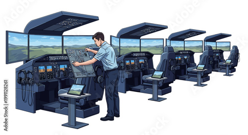 Modern flight simulator room with advanced training equipment and flight controls