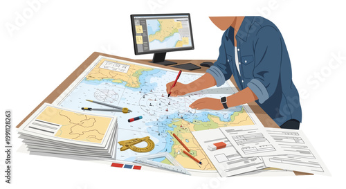 Cartographer planning navigation journey with map and digital tools