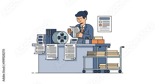 Office worker managing document requests in linear style
