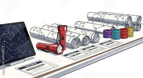 Astronomy tools display with star charts and flashlights for stargazing enthusiasts