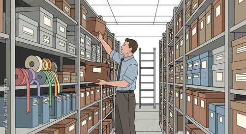 Man organizing boxes in warehouse storage room with shelves