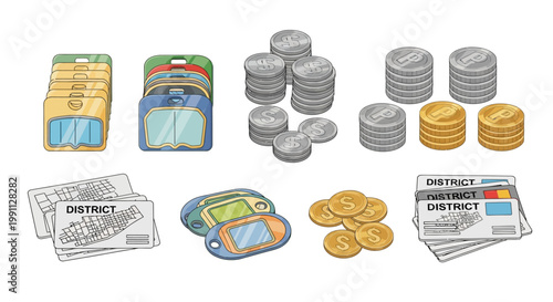 Board game components with coins, cards, and colorful chips