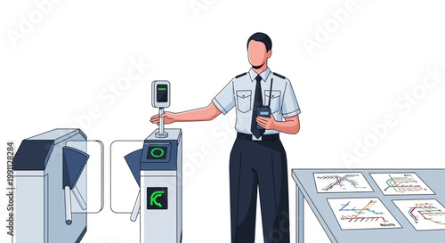 Urban transportation security officer at metro gate with contactless access