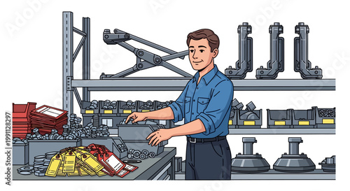 Man organizing warehouse inventory in industrial setting with shelves of parts