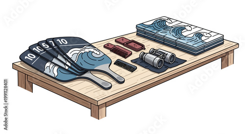 Beach gear organized on table with paddle rackets and towels