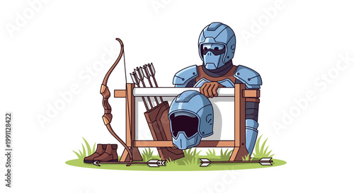 Medieval knight in blue armor with archery gear on grass background