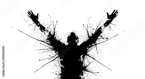 Silhouette of a person with arms raised in a dynamic abstract design.