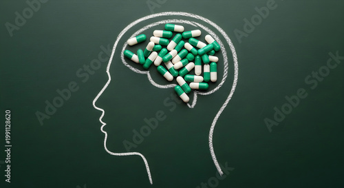 A head drawn in chalk with medicine inside on a green chalkboard. The concept of medical intervention, such as the use of medication to treat neurological or psychiatric conditions.
