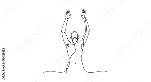 Continuous line drawing of a person in joyful celebration with arms raised high.