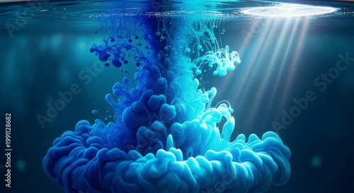 A vibrant blue cloud of ink swirls through the water with sunlight shining down