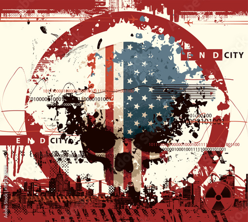 Vector abstract banner. Urbanism, street art, apocalypse. Circle and human skull with american flag, spots, scratches on grunge style and modern cityscape. Anti-war posters. T-shirt design.