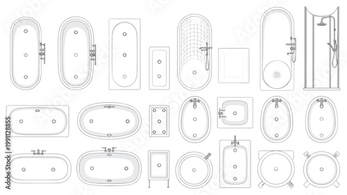 Collection of various bathtub and shower view line bathroom plumbing fixture