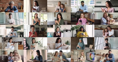 Collage of businesspeople, parents and kids, couple, retirees typing on mobile phones at home and office, texting on cell, chatting, using app, web service for online communication, work, leisure