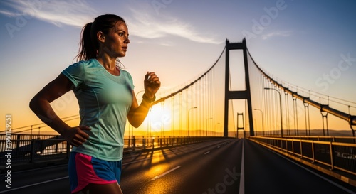 A woman jogging across a bridge during a beautiful sunset