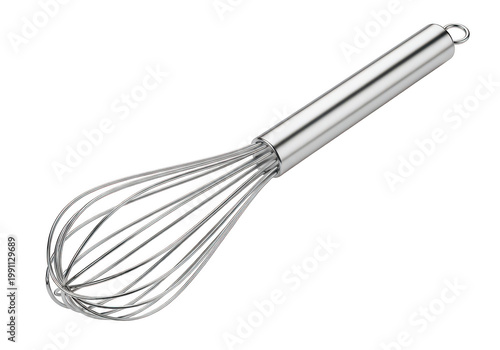 A stainless steel whisk on transparent background