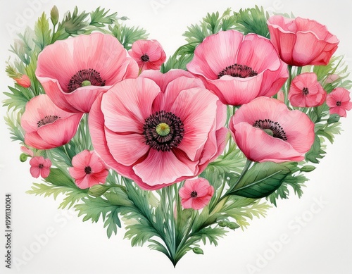 watercolor heart shaped display of pink poppies and green leaves with a large central bloom