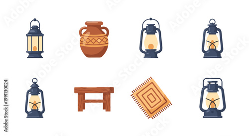 Rustic elements set: lanterns, pot, table, and rug on white background