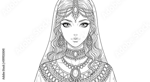 Indian princess, vector illustration, ethnic jewelry, coloring book page