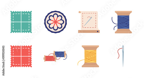 Colorful needlework icons: sewing supplies and tools in flat design