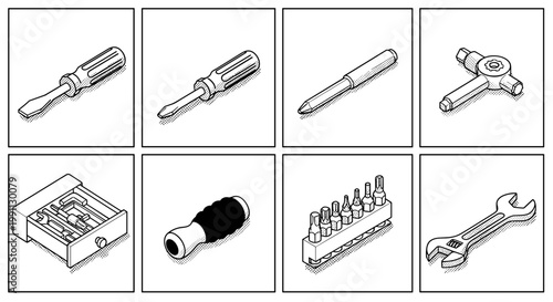 Monochrome isometric tool set with screwdrivers, wrench, and bit kit on gridded background