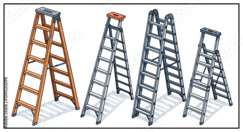 Isometric wooden and metal ladders in various sizes with shadows